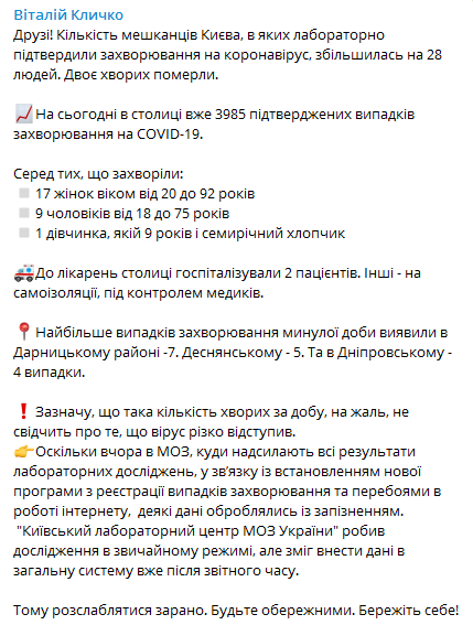 Статистика коронавируса в Киеве. Скриншот Telegram-канала Кличко