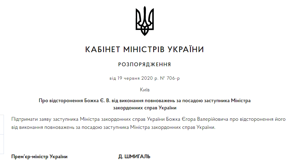 Распоряжение об отстранении Божка. Скриншот: kmu.gov.ua
