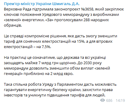 Рада приняла закон о компенсации "зеленого" тарифа. Скриншот Телеграм-канала Шмыгаля