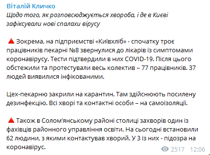В пекарне "Киевхлеба" - вспышка коронавируса. Скриншот Телеграм-канала Кличко