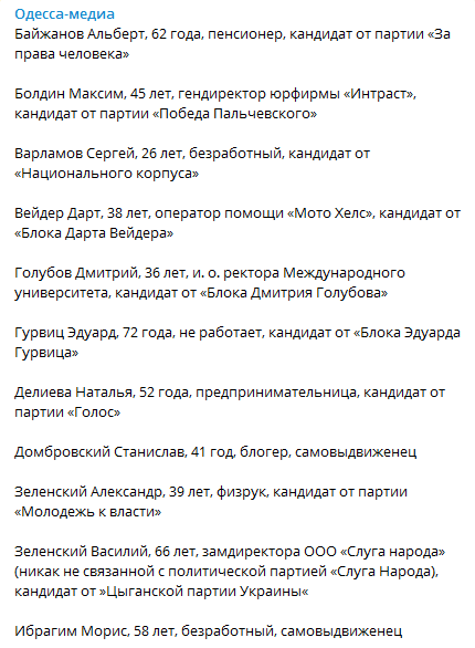 Кандидаты в мэры Одессы. Скриншот: телеграм-канал Одесса-медиа