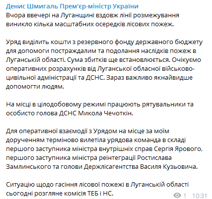 Шмыгаль - о пожарах в Луганской области. Скриншот телеграм-канала Шмыгаля