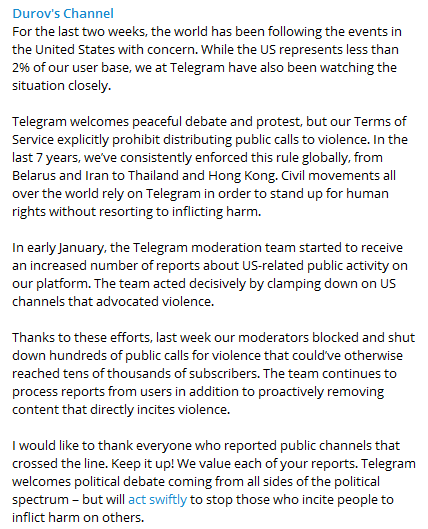 Дуров - о призывах к насилию в Телеграм. Скриншот телеграм-канала