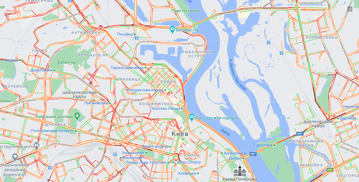 Пробки в Киеве 9 февраля. Гугл мапс