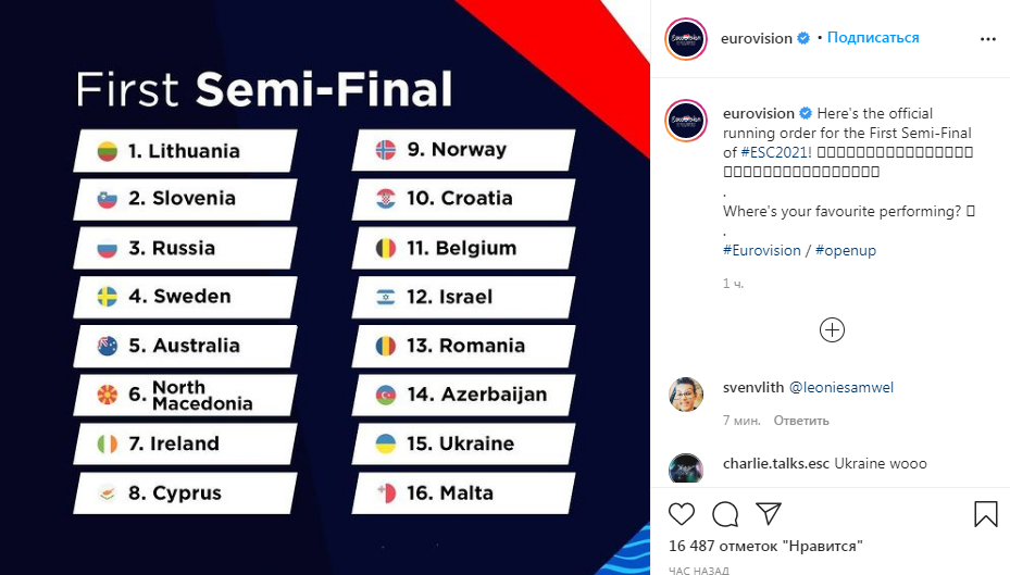 Полуфиналы Евровидения, номера стран. Скриншот инстаграма