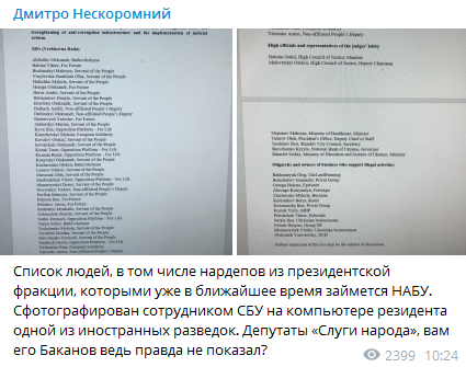 Нескоромный опубликовал список людей, которыми займется СБУ. Скриншот телеграм-канала