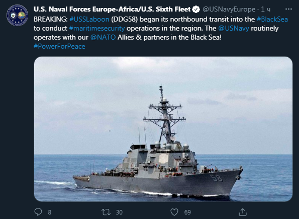 Американский эсминец направляется в Черное море. Скриншот сообщения в твиттере
