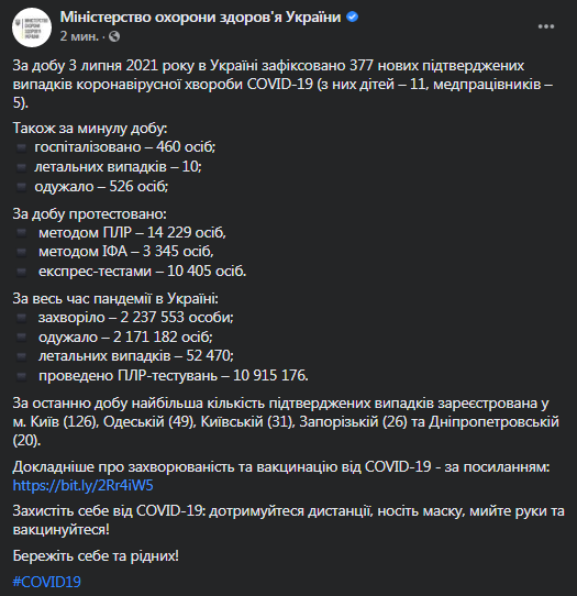 Коронавирус в Украине на 4 июля. Скриншот сообщения Минздрава
