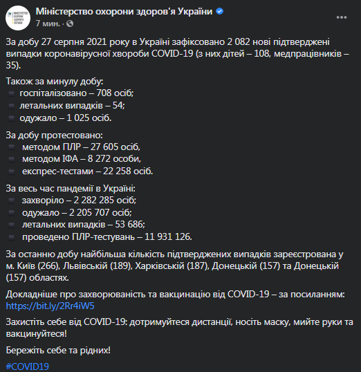 Коронавирус в Украине 28 августа. Скриншот