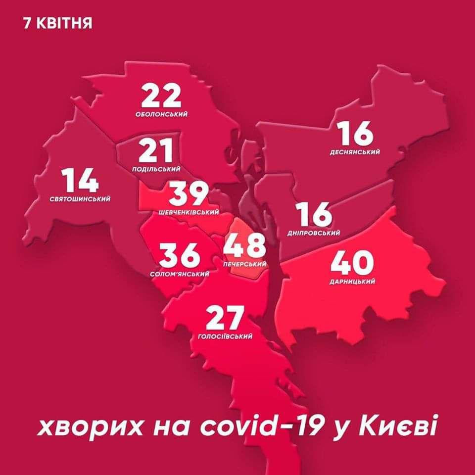Число заразившихся коронавирусом в Киеве по районам