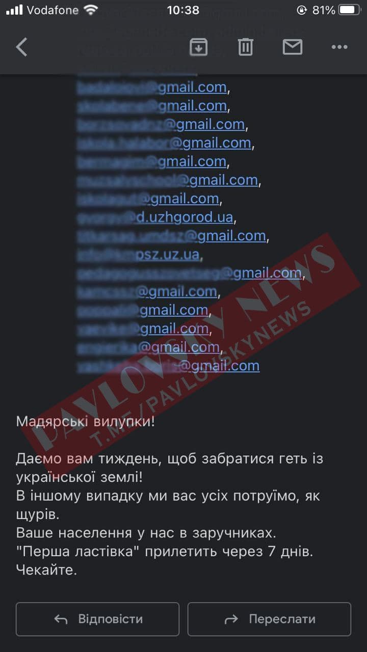Венграм Закарпатья угрожают. Скриншот телеграм-канала PavlovskyNews