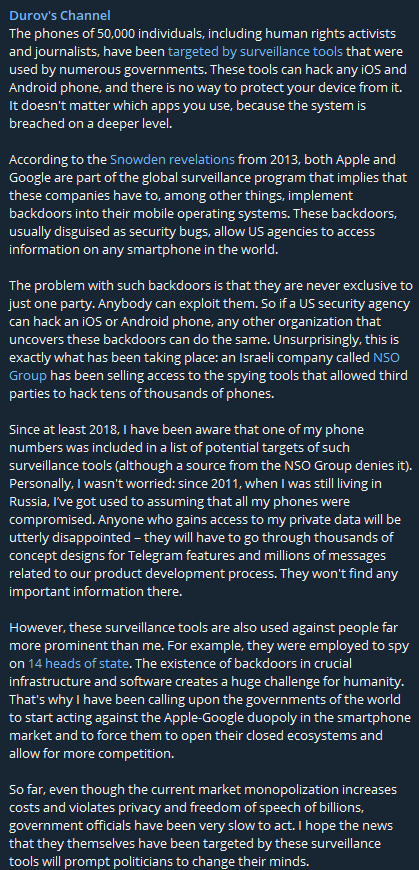 Пост Дурова в Телеграме