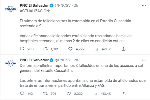 Скриншот из Твиттера полиции Сальвадора