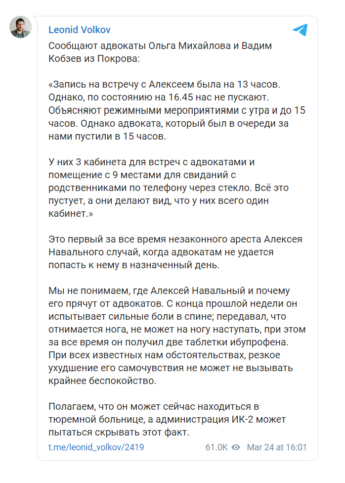 Скриншот из Телеграма Леонида Волкова
