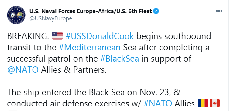 Скриншот из Твиттера Шестого флота ВМС США