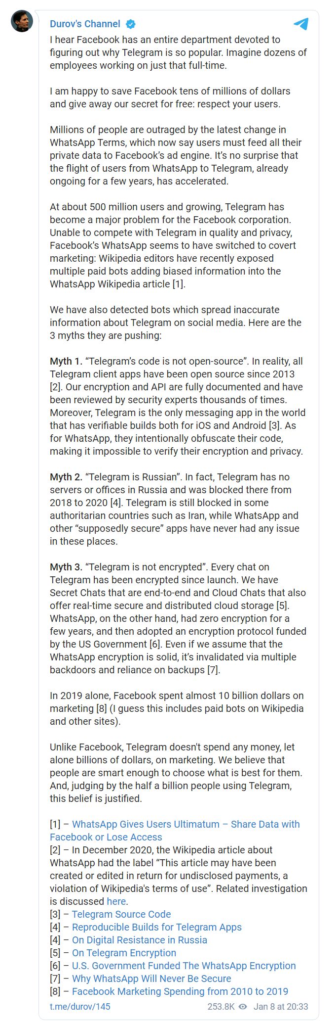 Скриншот из Telegram Павла Дурова