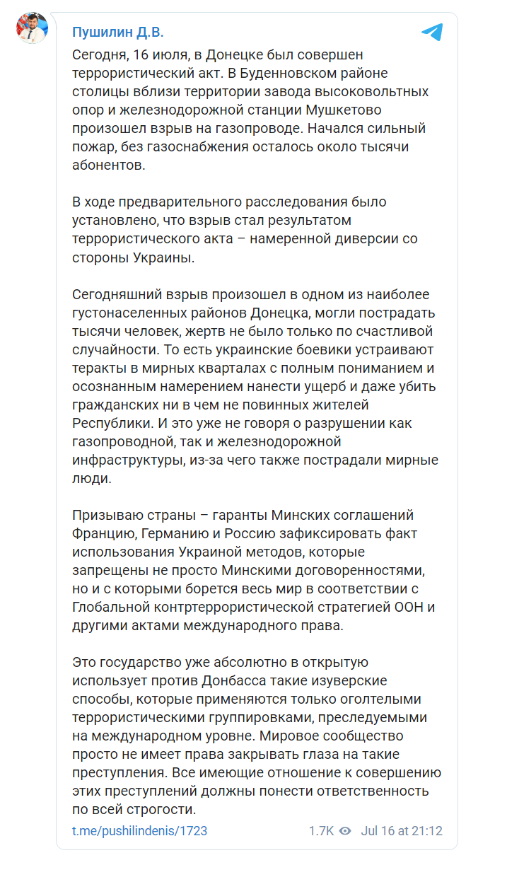 Скриншот из Телеграма Дениса Пушилина