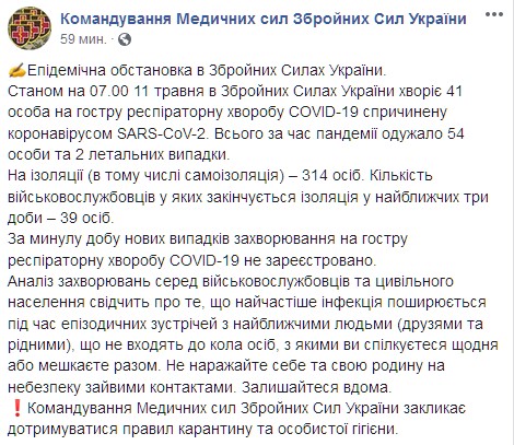 Данные по больным в ВСУ на 11 мая. Скриншот: facebook.com/Ukrmilitarymedic