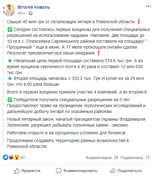 В Украине легализовали добычу янтаря. Скриншот: Facebook/Виталий Коваль