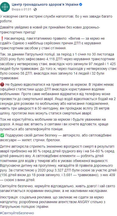 В ЦОЗ рассказали, сколько украинцев скончались из-за ДТП в 2020 году. Скриншот: facebook.com/phc.org.ua