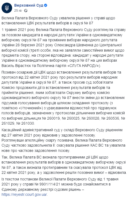 Верховный суд отменил результаты выборов на округе Вирастюка. Скриншот: facebook.com/supremecourt.ua