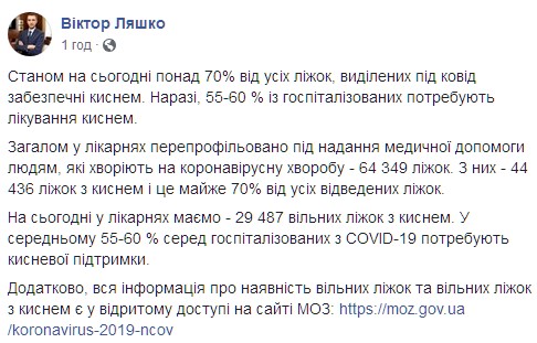Минздрав отчитался о количестве больничных коек с кислородом. Скриншот: facebook.com/viktor.liashko