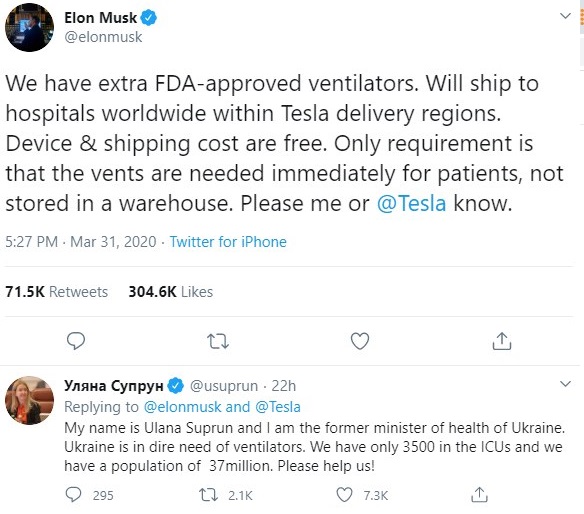 Илон Маск предложил свою помощь с аппаратами ИВЛ. Скриншот: Twitter \ Ilon Musk