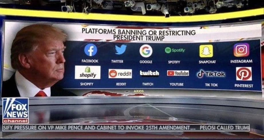 Трампа заблокировали на 12 социальных платформах. Скриншот
