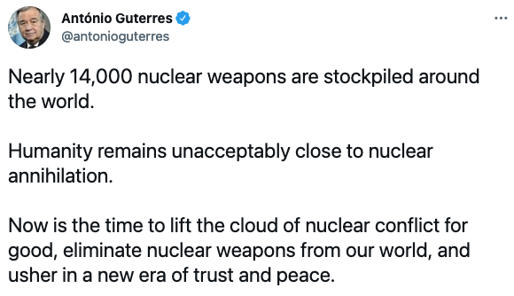 Антониу Гутерриш раскритиковал ядерное оружие. Скриншот: Твиттер
