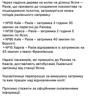 В УЗ предупредили, что задерживается ряд поездов. Скриншот: УЗ/Телеграм