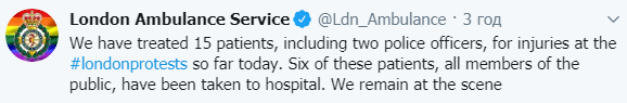 В Лондоне во время протестов пострадали 15 человек. Скриншот: Лондонская скорая помощь в Твиттер