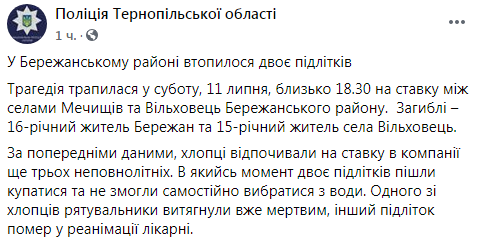 В Тернопольской области двое подростков погибли после купания в пруду. Скриншот: Полиция Тернопольской области в Фейсбук
