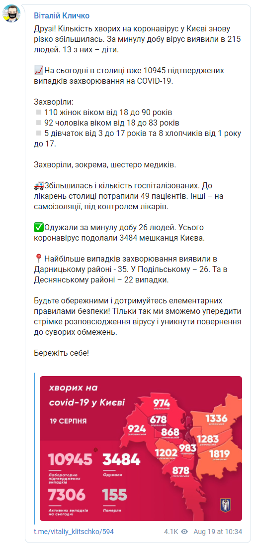 В Киеве за сутки коронавирус подтвердился у 215 человек. Скриншот: Виталий Кличко в Телеграм