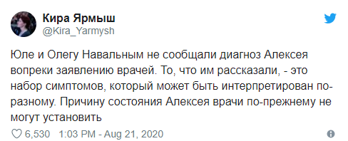 Омские медики утверждают, что Навальный впал в кому из-за нарушения обмена веществ. Его лечащий врач в это не верит. Скриншот: Кира Ярмыш в Твиттер