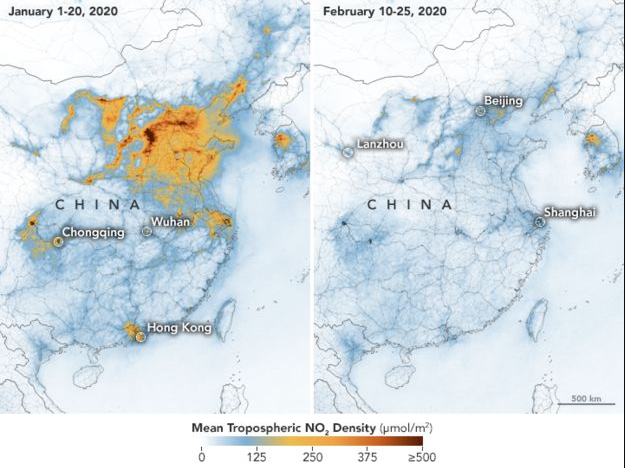 Карта загрязнения воздуха в Китае - с 1 по 20 января и с 10 по 25 февраля. Фото: BBC