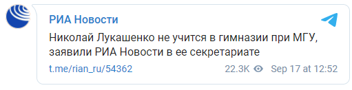 В лицее при МГУ опровергли сообщения о том, что у них учится сын Лукашенко. Скриншот: РИА Новости в Телеграм