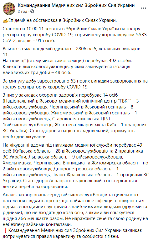 За сутки в украинской армии коронавирус подтвердился у 63 военных. Скриншот: ВСУ в Фейсбук