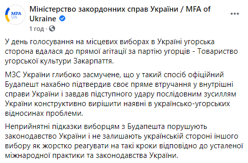 Украина обвинила Венгрию во вмешательстве в местные выборы на Закарпатье и пообещала жесткий ответ. Скриншот: МИД
