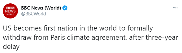 США первыми в мире вышли из Парижского соглашения по климату. Скриншот: BBC