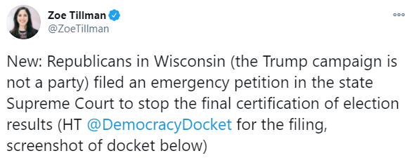 Республиканцы требуют приостановить сертификацию голосов в Висконсине и винят Цукерберга в фальсификациях. Скриншот