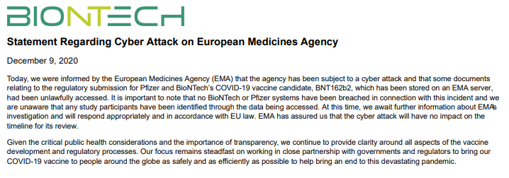 Хакеры получили данные о вакцине производства BioNTech и Pfizer. Скриншот: BioNTech