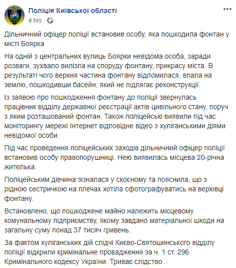 Скриншот: Полиция Киевской области в Фейсбук