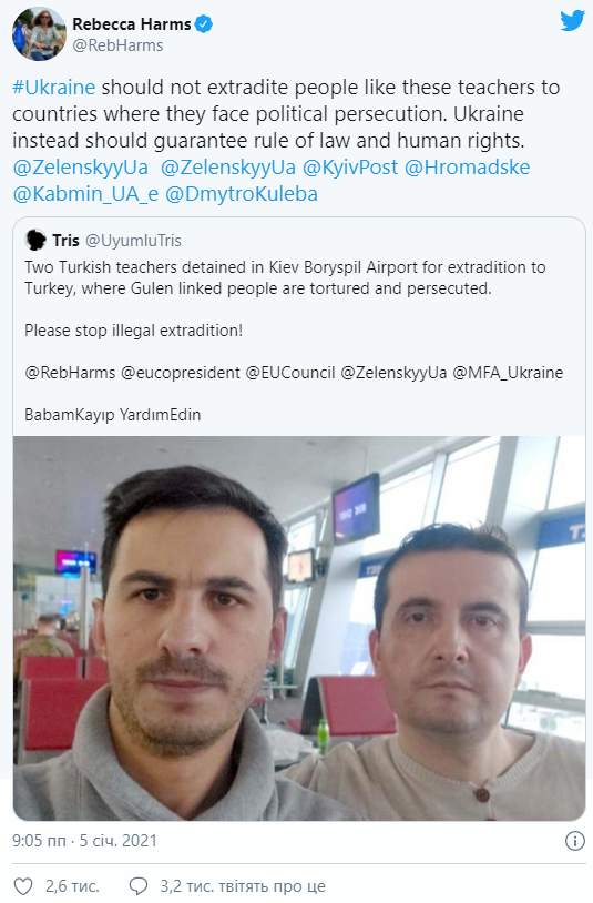 Правозащитники возмущены депортацией учителей-гюленистов из Украины, которых уже арестовали в Турции. Скриншот: Твиттер