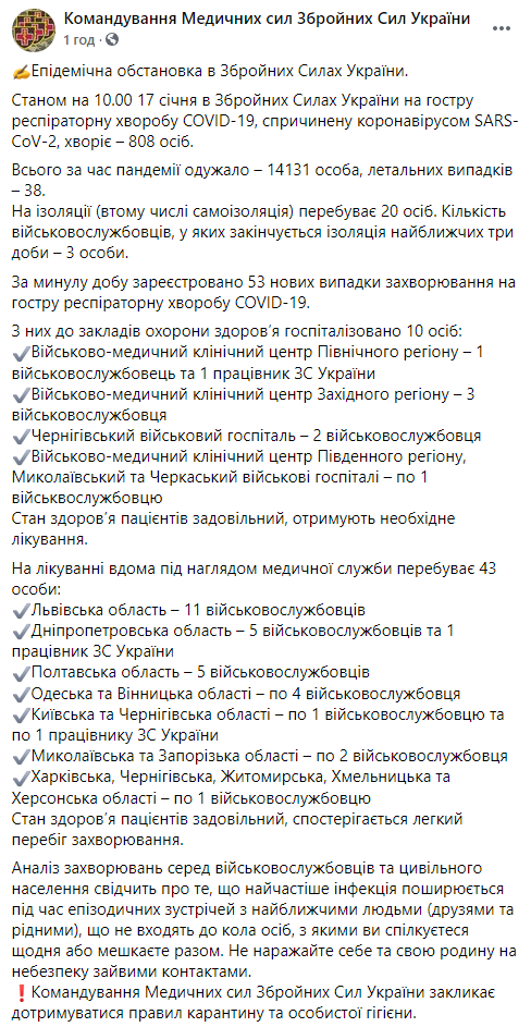 Covid-19 за сутки подтвердился у более 50 украинских военных. Скриншот: Фейсбук