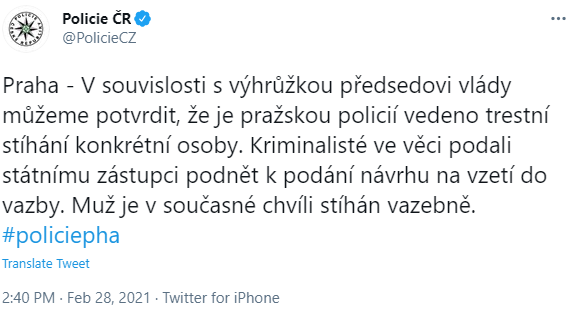 Премьеру Чехии и его семье угрожали убийством. Скриншот: Твиттер