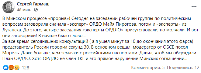 Представитель ОБСЕ в ТКГ убеждает украинскую сторону согласиться обсудить план "ЛДНР" по Донбассу - Гармаш. Скриншот: Фейсбук