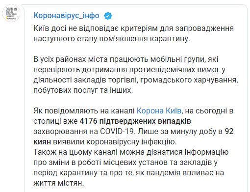 Киев не соответствует критериям Кабмина для ослабления карантина. Скриншот: Коронавирус_инфо в Телеграм
