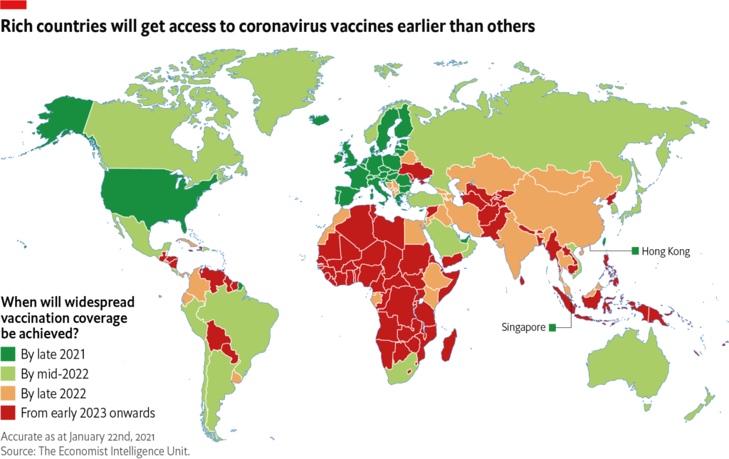 Украина не получит широкий доступ к вакцине от Covid-19 до 2023 года. Карта: The Economist