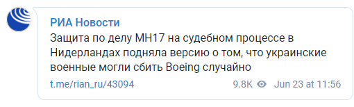 Дело МН17. Нидерланды расследуют, почему Киев не закрыл воздушное пространство на Донбассе. Скриншот: РИА Новости в Телеграм