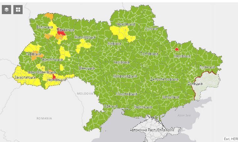 Карта карантинных зон Украины по состоянию на 12:40 7 августа. Скриншот: Минздрав